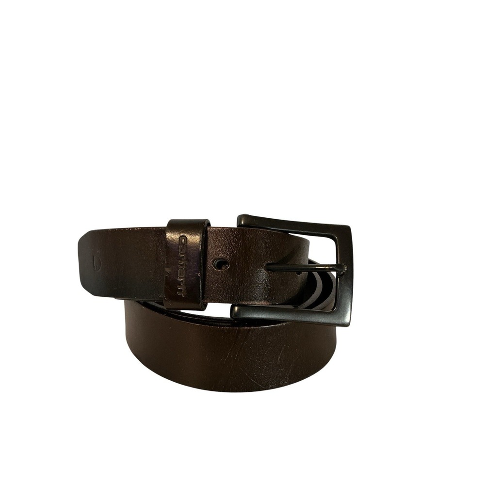 Vtg Carhartt Top Grain Leather Brown‎ Leather Belt Size 44 Distressed Blk Buckle